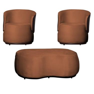 Imagem de Kit 2 Poltronas e 1 Puff Grande Design Orgânico Beatriz Veludo Composê Corino Marrom - Estopar
