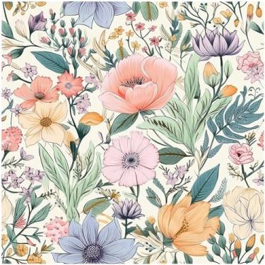 Imagem de Idomural Papel de parede floral descasque e cole vintage retrô papel de parede floral removível Boho para quarto, banheiro, locatário, papel de parede, papel de contato floral para armário decoração