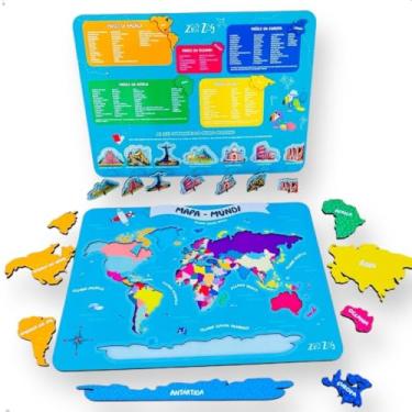 Imagem de Quebra Cabeça Infantil Mapa Múndi De Madeira Com As 7 Maravilhas Do Mundo