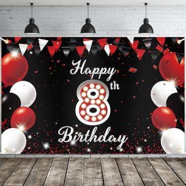 Imagem de JOYKY Banner de feliz aniversário de 8 anos, decoração de festa de aniversário de 8 anos vermelho preto para meninos e meninas, decoração de pano de fundo de suprimentos de aniversário de 8 anos, 15 x