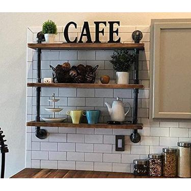 Imagem de Prateleira de prateleiras de tubos industriais rústica moderna prateleiras de armazenamento de madeira 3 níveis suporte de parede retrô design de tubo DIY prateleira retrô flutuante prateleira de madeira (preto, 61 cm L)