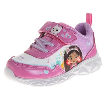 Imagem de Gabby's Dollhouse Tênis LED com alça fácil – Gabbys Laceless Closure Lightweight Light Up Kitty Cat Shoes (tamanho criança pequena), Rosa, branco, 12 Little Kid