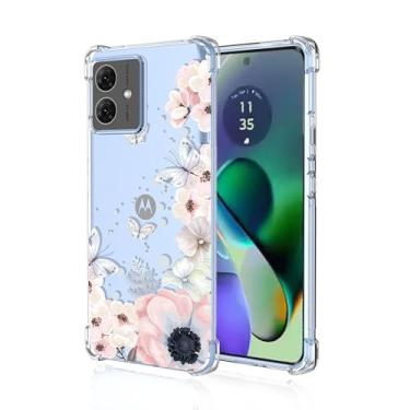 Imagem de RRXSYXL Capa para celular Motorola G54 5G, Moto G64 5G com estampa floral transparente e borboletas, capa de TPU macio com proteção à prova de choque para Moto G54 5G (flores rosa/borboletas)