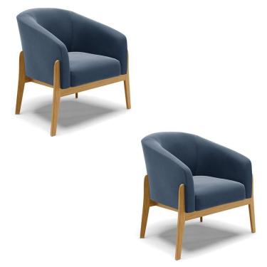 Imagem de Cadeira Sala De Jantar Base De Madeira Kit 2 Stella Suede D03 - D`rossi Cor Azul Marinho