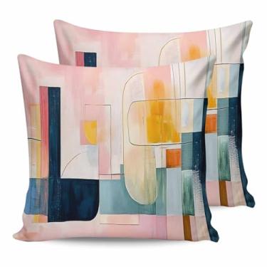 Imagem de FortuneHouse8 Capas de almofada à prova d'água para ambientes externos, abstrato, rosa, amarelo, azul, conjunto de 2 fronhas para pátio, estilo simples, capas de almofada decorativas para sofá, banco