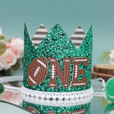 Imagem de DSAANE Football 1st Birthday Hat- Sports Theme 1st Birthday Decorations,First Year Down Party Hat,Football First Birthday Green Crown,Football Cake Smash Party Photo Props