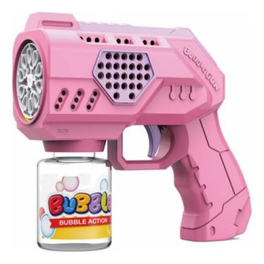 Imagem de Brinquedo Arminha De Sabão Lança Bolha De Sabão Pistola Luz com 4 Pilhas AA -Rosa