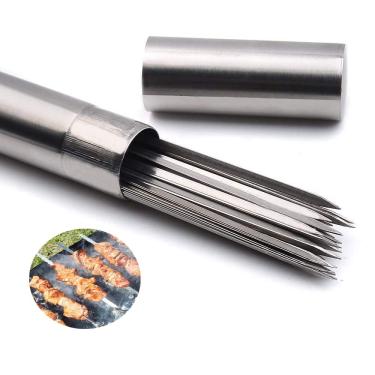 Imagem de APPKOOK Espeto plano para churrasco de aço inoxidável de 0,5 cm 38 cm + tubo de armazenamento para grelhar palitos de agulha de metal reutilizáveis para Shish Kebob