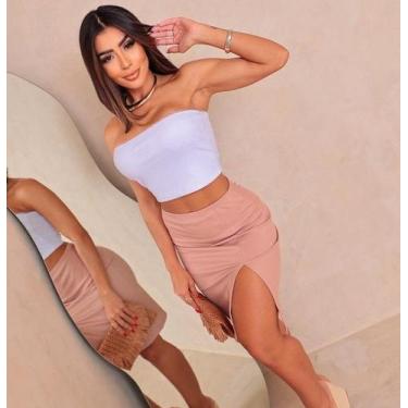 Imagem de Conjunto Cropped Saia Fenda Com Bojo sem alça - NM BOUTIQUE, Bege, Úni