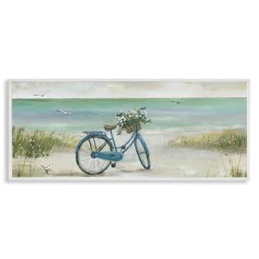 Imagem de Stupell Industries Bicicleta com cesta de flores na praia, design de arte giclée emoldurado branco por Nan, 61 x 25 cm