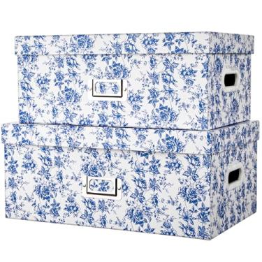 Imagem de Briful Conjunto de 2 caixas de armazenamento em estilo porcelana azul e branca com tampas – Caixas organizadoras florais elegantes, conjunto de caixas de presente decorativas de papelão de 35 cm + 33