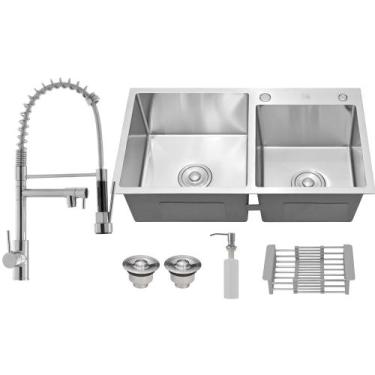 Imagem de Kit Cuba Dupla Aço Inox C/ Torneira Flexível Gourmet Cozinha Prata - K