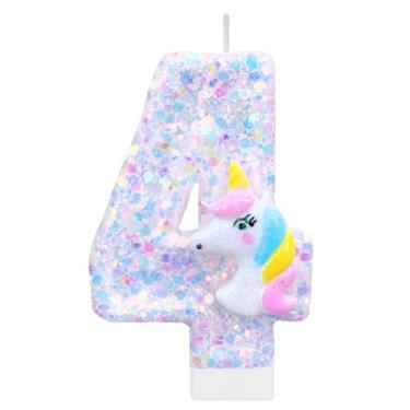 Imagem de Velas com números de aniversário de unicórnio para bolo, vela branca número 4, topo de bolo divertido de unicórnio com glitter, decoração de aniversário, enfeite de cupcake para artigos de festa