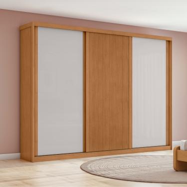 Imagem de Guarda Roupa Casal Flex Ripado 3 Portas de Correr MDF Ollie Lopas - Amendoa Clean/ Off White/Amendoa Clean