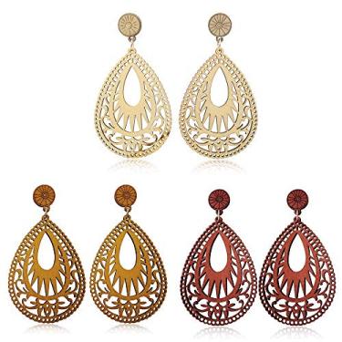 Imagem de TIANHONGYAN 3 pares de brincos de gota vazados boho leve boêmio de madeira natural brincos gota d'água declaração retrô para mulheres e meninas, Madeira, NC