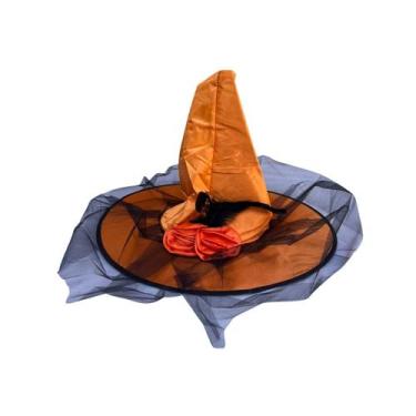 Imagem de Chapéu Bruxa C/Pena Renda Laranja Halloween Fantasia - Sm decora