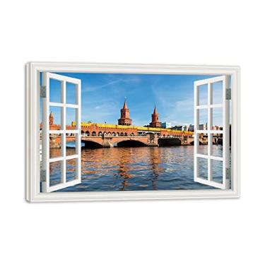 Imagem de Impressão em tela emoldurada de madeira para janela Itália ponte de Veneza 3D falsa janela vista paisagem paisagem imagem impressão em tela arte de parede para sala de estar 80 x 120 cm 31 x 47 pol