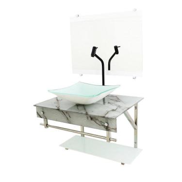 Imagem de Gabinete De Vidro 70Cm Inox Quadrada Mármore Branco