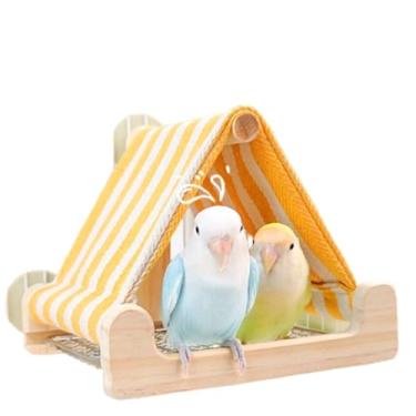 Imagem de Casa de pássaros para gaiola, ninho de pássaro de madeira com capa, barraca de rede respirável com fundo de malha de metal removível, cabana de dormir de papagaio aconchegante para periquitos