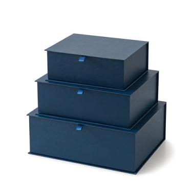 Imagem de Soul & Lane Caixas decorativas de armazenamento de papelão com tampas – conjunto de 3, caixas de memória para lembranças, armazenamento de fotos decorativas empilháveis para fotos e decoração, azul