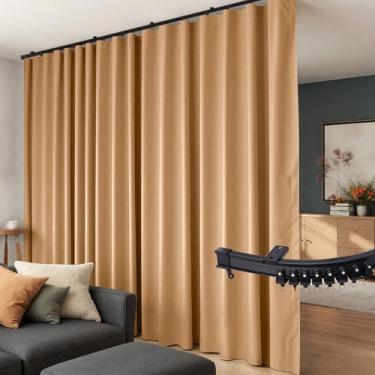 Imagem de Cortinas divisórias de quarto, conjunto de trilhos de teto flexíveis, cortina blackout para sala de estar, quarto, varão, painéis divisórias de privacidade L120 x A84 cáqui drapeado e trilho preto