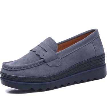 Imagem de Mocassins ortopédicos femininos modernos de camurça com sola grossa antiderrapante com suporte de arco e suporte de arco leve, Cinza, 36