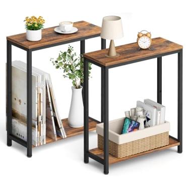 Imagem de SLEEPING LAMB Conjunto de 2 mesas de canto estreito para sala de estar, mesa lateral pequena para espaços pequenos, suporte de cabeceira fino de 2 camadas para quarto, sofá ao lado de mesinhas de