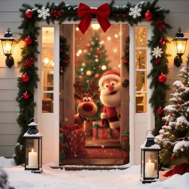 Imagem de BVBOX Capa de porta de Natal 89,9 cm x 179,8 cm, capas de decoração de porta da frente de Natal com alce de Papai Noel, faixa decorativa de Natal para sala de aula em casa, decoração de Natal