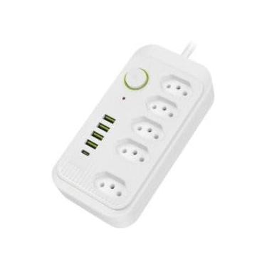 Imagem de Filtro de Linha, Extensão Régua Tomada com 5 Tomadas, 4 USB e 1 USB-c, Cabo de 3 Metros, Bivolt - Branco