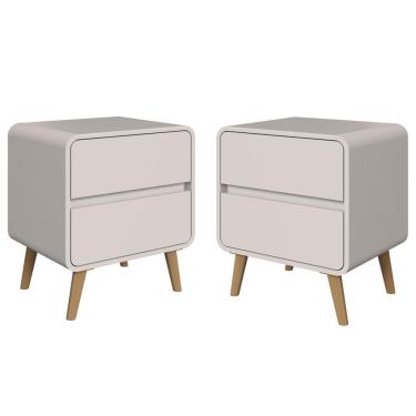Imagem de Kit Conjunto 02 Mesas De Cabeceira Canto Curvo Com 02 Gavetas E Pés Palito Retrô Bege Dunas