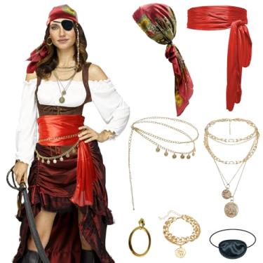 Imagem de Conjunto de acessórios de fantasia de pirata feminino, lenço de cabeça, faixa, corrente, cinto, colar, colar, tapa-olho para adultos, Vermelho, One Size