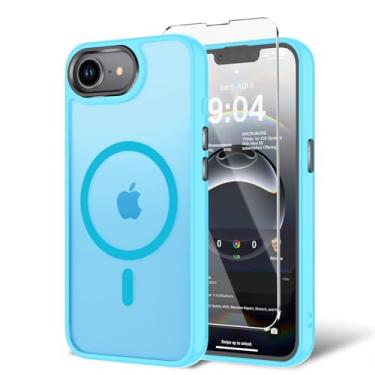 Imagem de BPOASE Capa para iPhone 16E com protetor de tela, [compatível com Magsafe] Capa de telefone ultrafina translúcida fosca à prova de choque - azul celeste