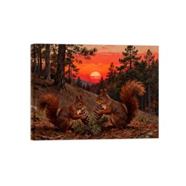 Imagem de Quadro parede outono-Esquilo sol floresta Impressões em tela paisagens-Pintura animais para decoração sala estar 60x80cm Tela Embrulhada