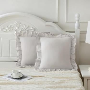 Imagem de Merryword Fronhas cinza bege 45,7 x 45,7 cm, pacote com 2 fronhas decorativas de microfibra macia com babados para sofá, quarto