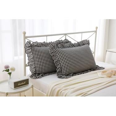 Imagem de Meaning4 Capas de travesseiro xadrez preto e branco com babados, fronhas xadrez guingão king size, algodão lavado, casa de cama/sofá (51 x 91 cm, xadrez preto/branco, pacote com 2
