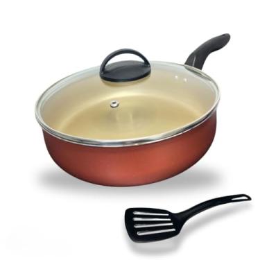 Imagem de Frigideira Alta Funda Grande 24 cm Antiaderente Teflon com Tampa de Vidro e Espátula Nylon panelas e frigideiras Caçarola para Feijoada, Compatível com Todos os Fogões (Cereja Gold)