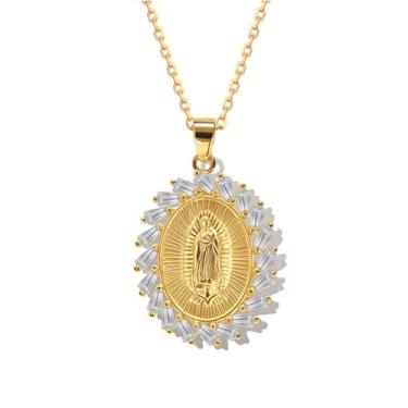 Imagem de coadipress Colar de Virgem Maria banhado a ouro 18K para mulheres, presente católico Virgem de Guadalupe Mother Mary Colares Nossa Senhora de Guadalupe Pingente Amuleto Joias, Middle, Liga de aço, Sem