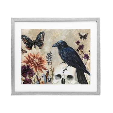 Imagem de Stupell Industries Corvo de Halloween com borboletas impressão emoldurada preta sob vidro, design por Sara Culpepper, 13 x 16