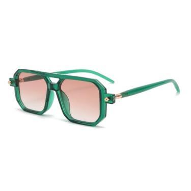 Imagem de Óculos de sol aviador quadrado retrô feminino clássico anos 70 vintage moderno proteção UV, Armação verde/lente rosa gradiente, 55mm, 60mm