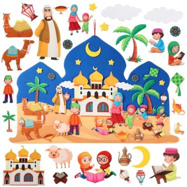 Imagem de Breling Kits de artesanato de feltro Eid Mubarak DIY para crianças, cena de mesquita de 0,9 x 0,6 m, artesanato do Ramadã com 31 enfeites de mesquita destacáveis para crianças pequenas, enfeite de lua