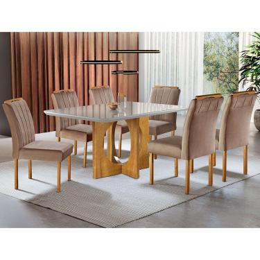 Imagem de Mesa De Jantar 6 Lugares Cadeiras Juliana Em Suede Bege Móveis Mix Mel/Off-White/Bege