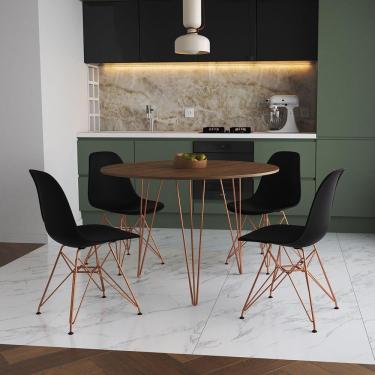Imagem de Mesa De Jantar Redonda 90Cm Amêndoa Clips 3 Pés Com 4 Cadeiras Pretas Base Cobre Cor: Amendoa