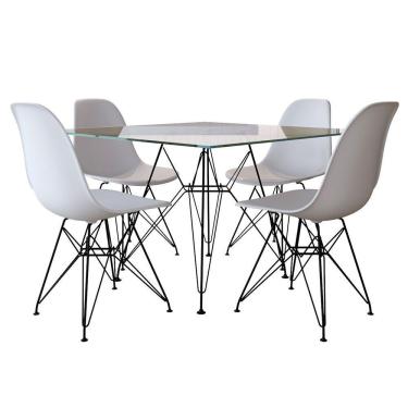 Imagem de Mesa De Jantar Eames Eiffel Quadrada Vidro 90Cm Com 4 Cadeiras Brancas Base Ferro Preto