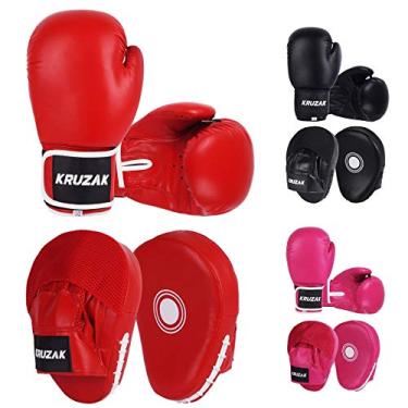 Imagem de Kruzak Conjunto de luvas de boxe e luvas de foco simples para Kickboxing e Muay Thai MMA Training – Kit de fitness com almofadas de perfuração para artes marciais e karatê (vermelho, 283 g)