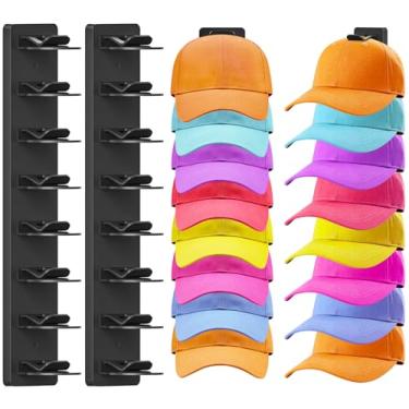 Imagem de Fododo Pacote com 2 organizadores de chapéus para bonés de beisebol, suporte para pendurar na parede, 16 chapéus, adesivo forte e suporte de tampa rosqueada para porta de armário e quarto