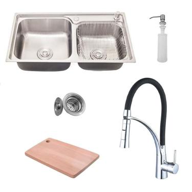 Imagem de Kit Cuba Pia Dupla Gourmet Luxo Prizi Aço Inox 304 43x78cm Kit Completo - MD7843B + Torneira Gourmet Flexível Prizi Monocomando Preta - KE-6001