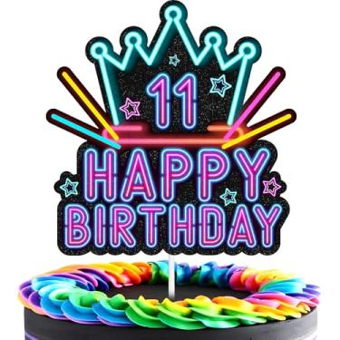 Imagem de Topo de bolo neon feliz 11º aniversário festa de aniversário neon preto onze anos, coroa neon louco e engraçado decoração de bolo para meninos ou meninas suprimentos de decoração
