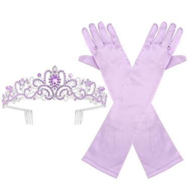 Imagem de Brimekichio Tiara e luvas para meninas, crianças, coroa de princesa e luvas longas de cetim para meninas, acessórios de princesa de Halloween, crianças, roxo