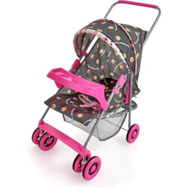 Imagem de Carrinho para Bonecas, Cinza e Rosa, Dobrável com Capota Móvel, Encosto Reclinável, Cinto de Segurança, 73x62x36 cm