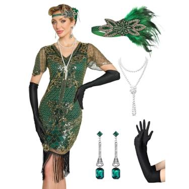 Imagem de RRYIO Vestidos melindrosa anos 20 para mulheres, vestidos Gatsby com gola redonda e manga para noites de Harlem, Verde, P